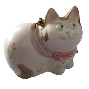 Vintage Cat Ornament Hand Painted Floral Ceramic Orange Neck Bow Takahashi Japan